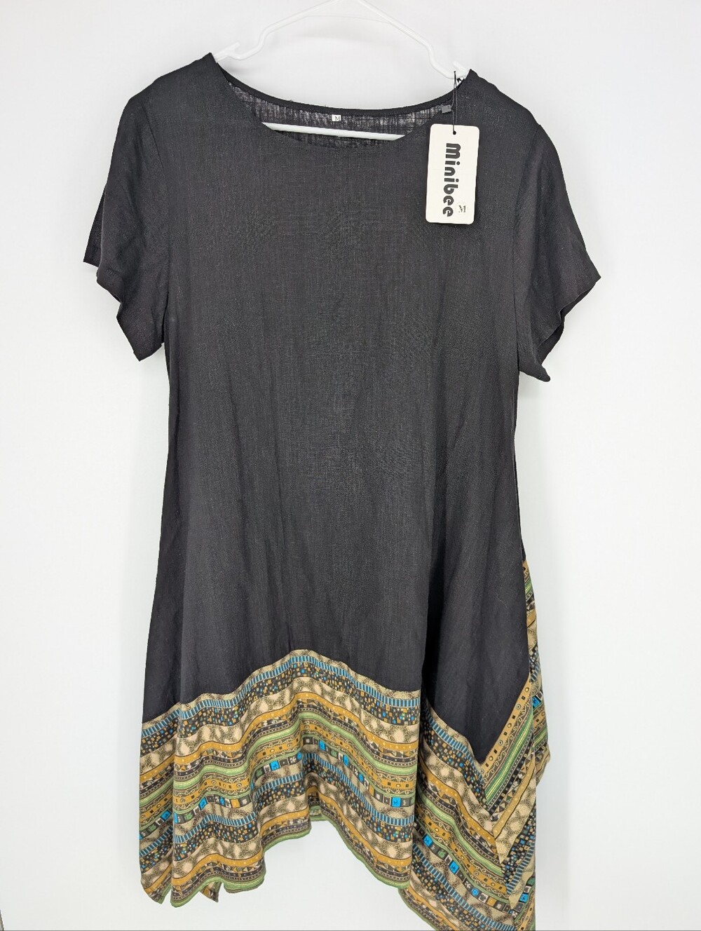 Minibee Linen Cotton Blend Midi Dress Women's M Asymmetrical Boho Lagenlook NWT